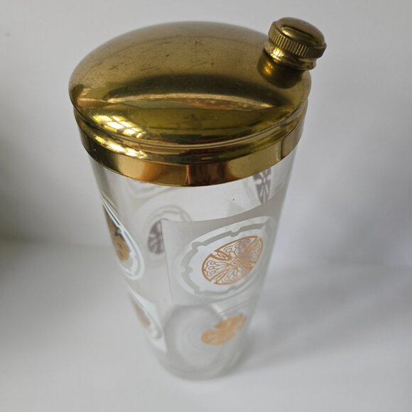 Vintage Glass Cocktail Shaker With Gold-Tone Lid & Retro Pattern Design - Picture 10 of 16